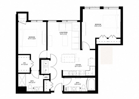 Floor plan for 2 beds, 2 baths, 1071 sqft